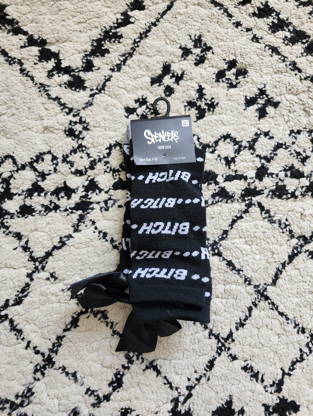 Spencer's Black Crew Socks with White Text Accent B!tch
